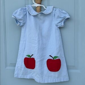 The Oaks Apparel- Toddler Blue Dress with Red Apple Patches